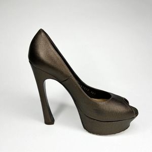 Yves Saint Laurent Metallic Brown Leather Palais Platform Peep Toe Pumps sz 36.5
